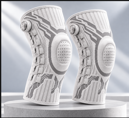 Two white Firmwell dial-adjust knee support braces on a light studio background